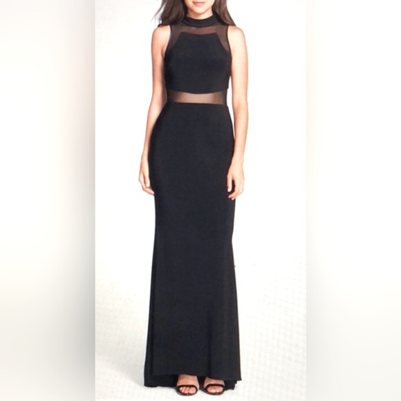 Betsy & Adam Sleeveless Mock Neck Illusion Bodice Jersey Gown w Mini Train B2 - Picture 1 of 8